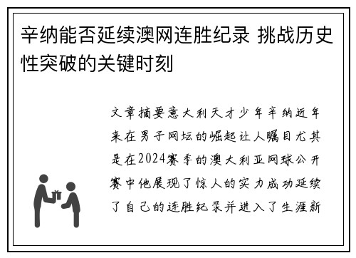辛纳能否延续澳网连胜纪录 挑战历史性突破的关键时刻 辛纳能否延续澳网连胜纪录 挑战历史性突破的关键时刻