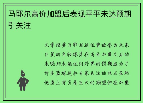 马耶尔高价加盟后表现平平未达预期引关注